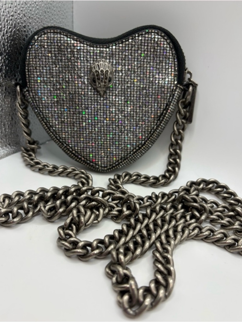 Kurt Geiger Rhinestone Heart-Shaped Crossbody Bag with Gun Metal chain